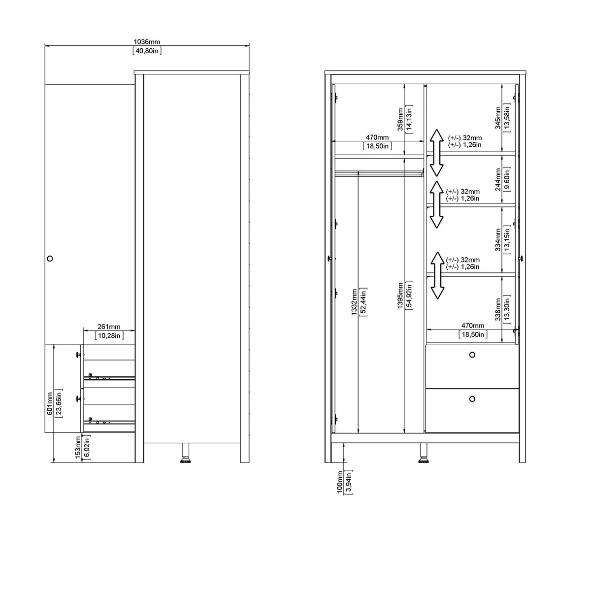 Maria Wardrobe with 1 Door 1 Mirror Door 2 Drawers Matt Black