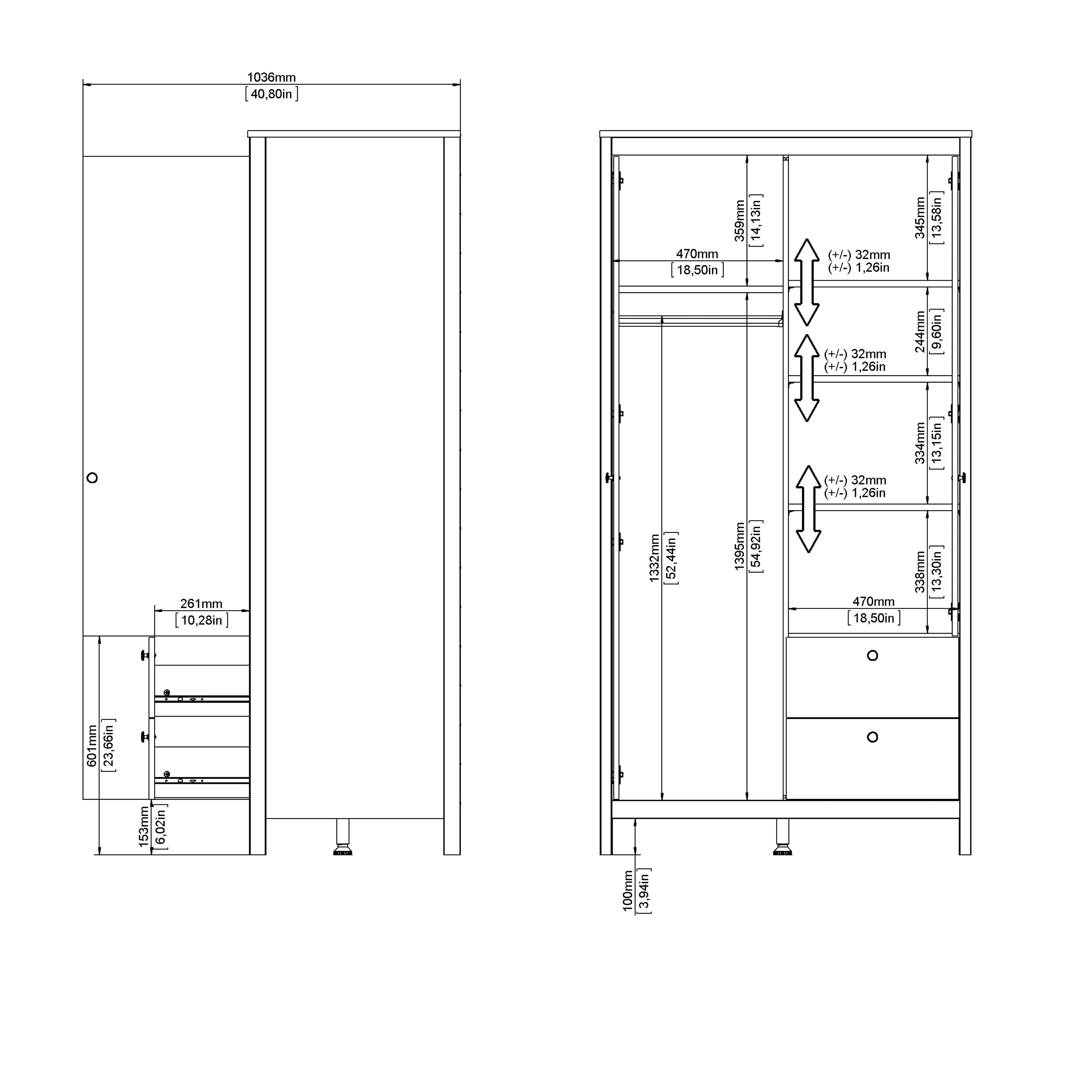 Maria Wardrobe with 1 Door 1 Mirror Door 2 Drawers Matt Black
