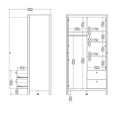 Maria Wardrobe with 1 Door 1 Mirror Door 2 Drawers Matt Black