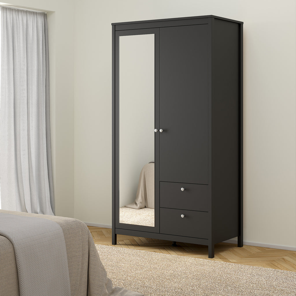 Maria Wardrobe with 1 Door 1 Mirror Door 2 Drawers Matt Black