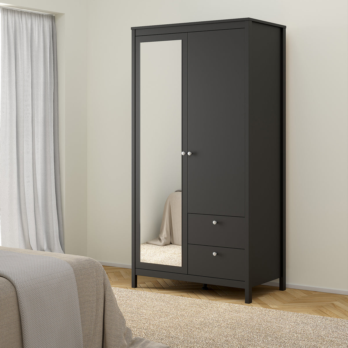 Maria Wardrobe with 1 Door 1 Mirror Door 2 Drawers Matt Black