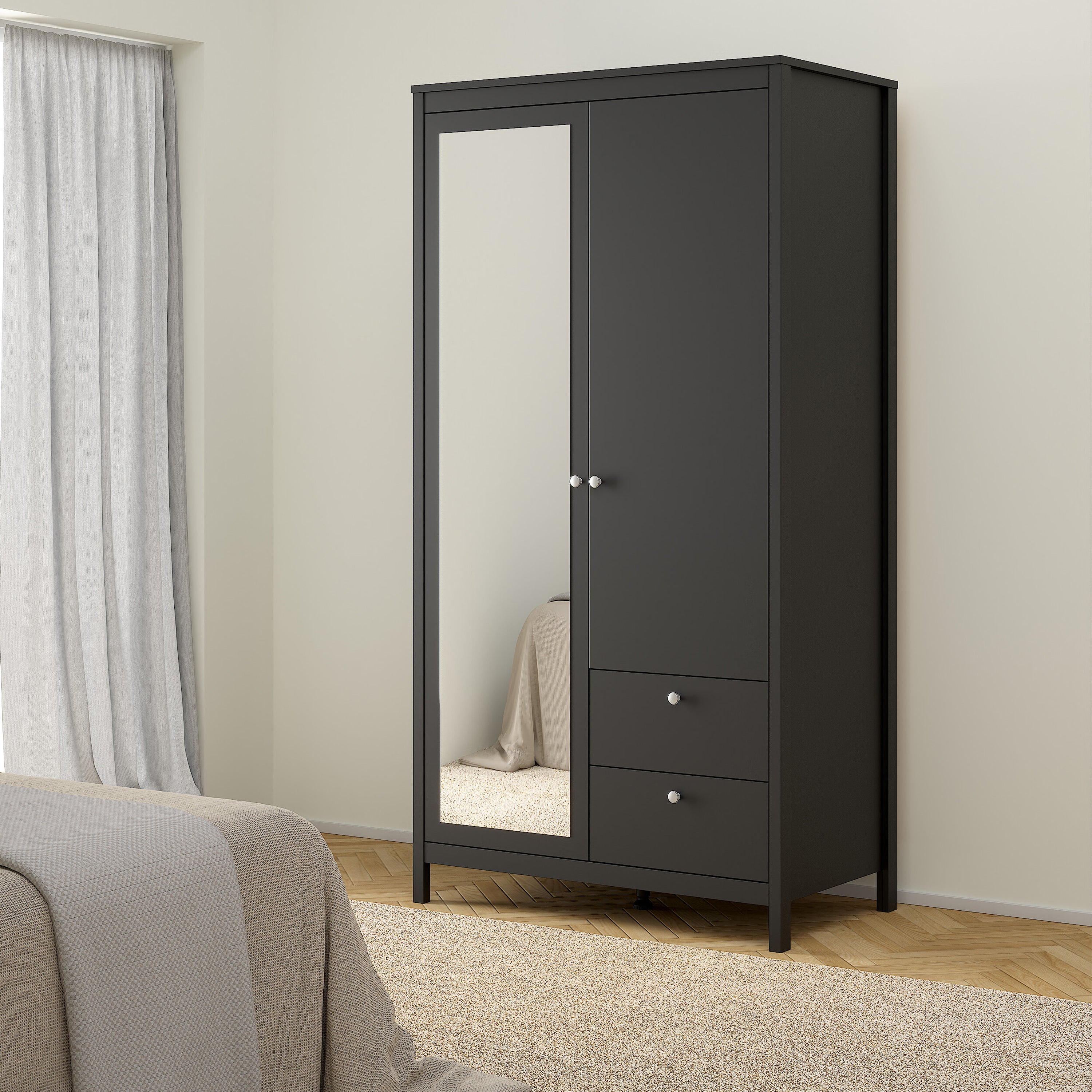 Maria Wardrobe with 1 Door 1 Mirror Door 2 Drawers Matt Black