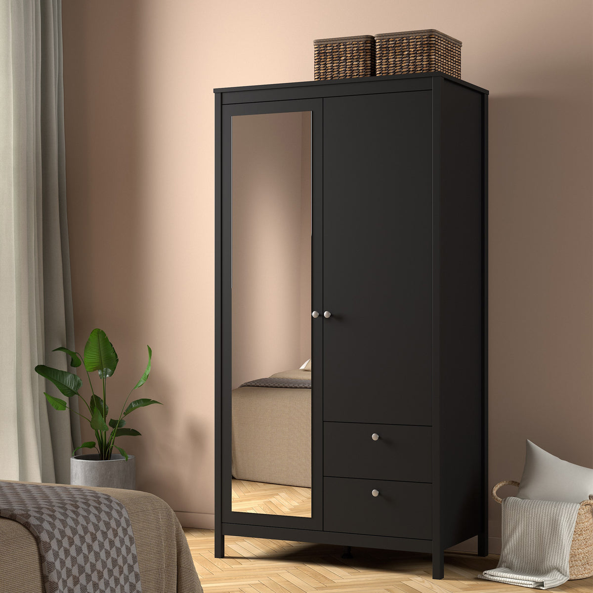Maria Wardrobe with 1 Door 1 Mirror Door 2 Drawers Matt Black