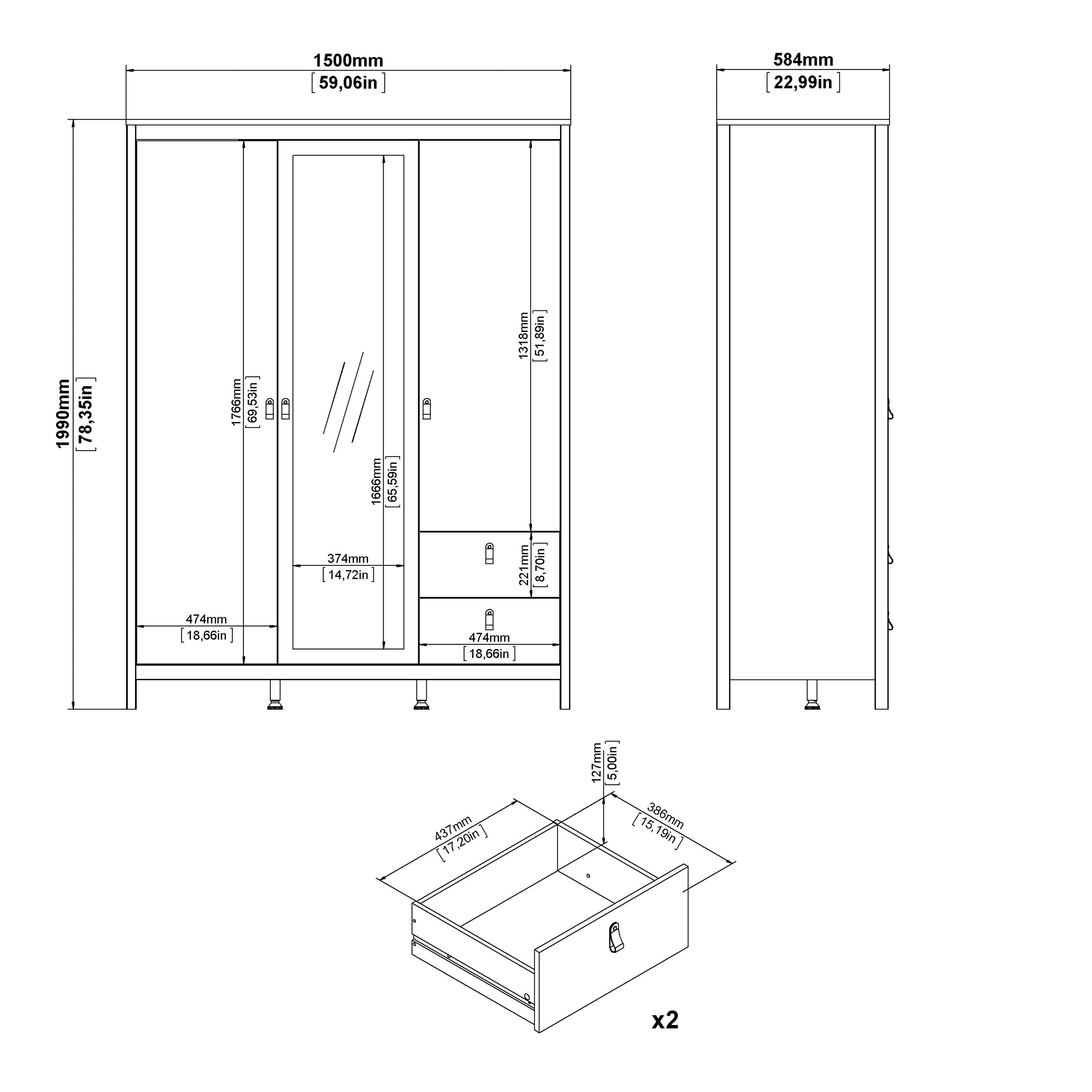 Maria  Wardrobe with 2 Doors 1 Mirror Door 2 Drawers White