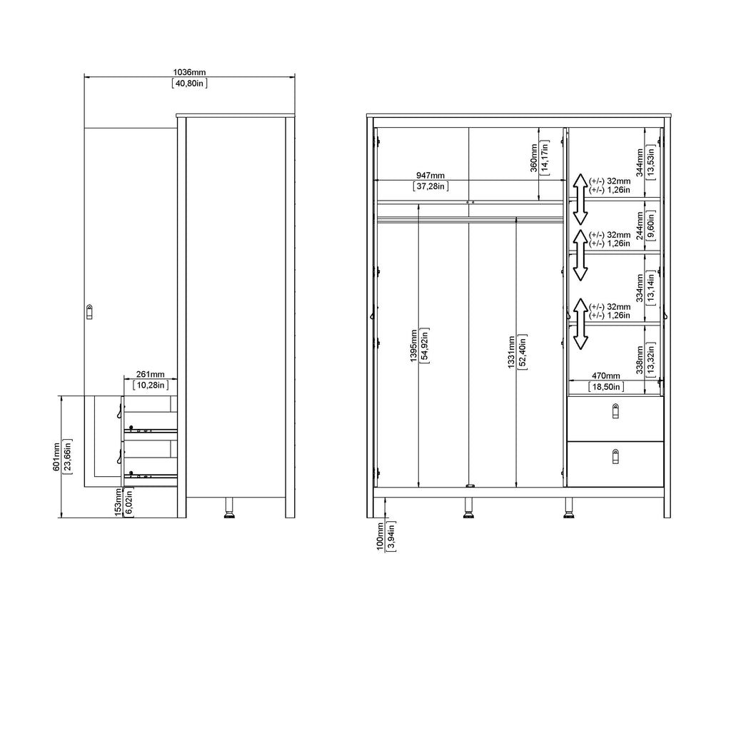 Maria  Wardrobe with 2 Doors 1 Mirror Door 2 Drawers White