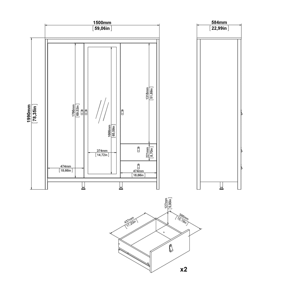 Maria Wardrobe with 2 Doors 1 Mirror Door 2 Drawers Matt Black