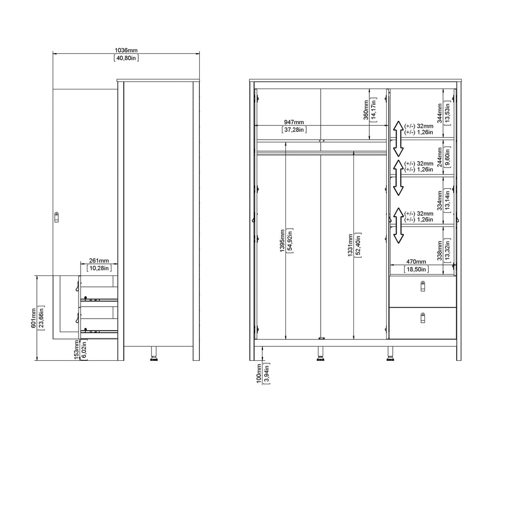 Maria Wardrobe with 2 Doors 1 Mirror Door 2 Drawers Matt Black
