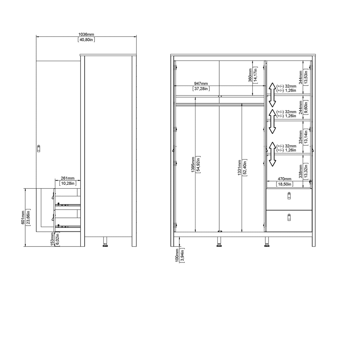 Maria Wardrobe with 2 Doors 1 Mirror Door 2 Drawers Matt Black
