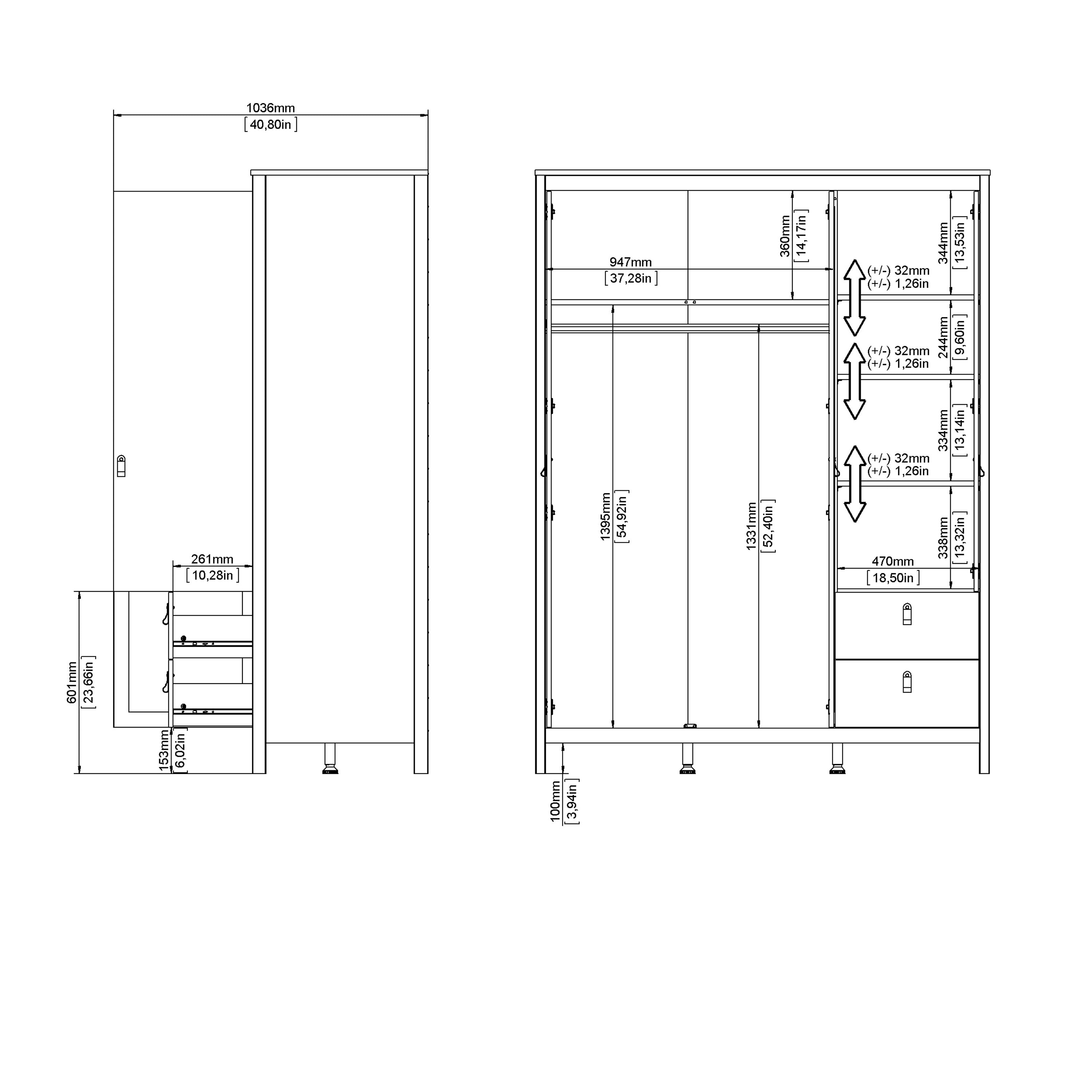Maria Wardrobe with 2 Doors 1 Mirror Door 2 Drawers Matt Black