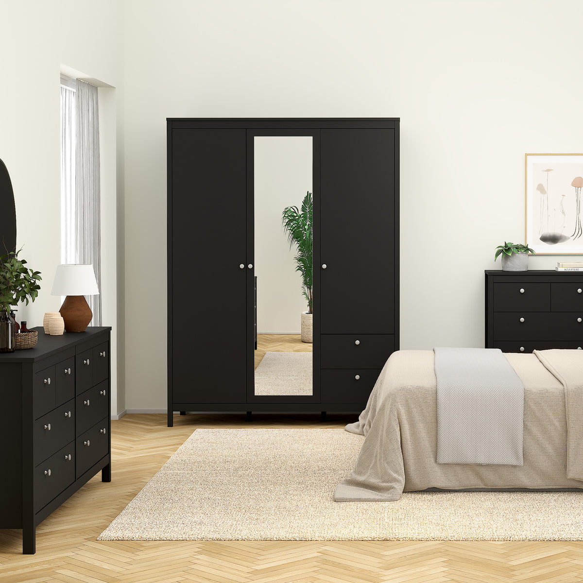 Maria Wardrobe with 2 Doors 1 Mirror Door 2 Drawers Matt Black