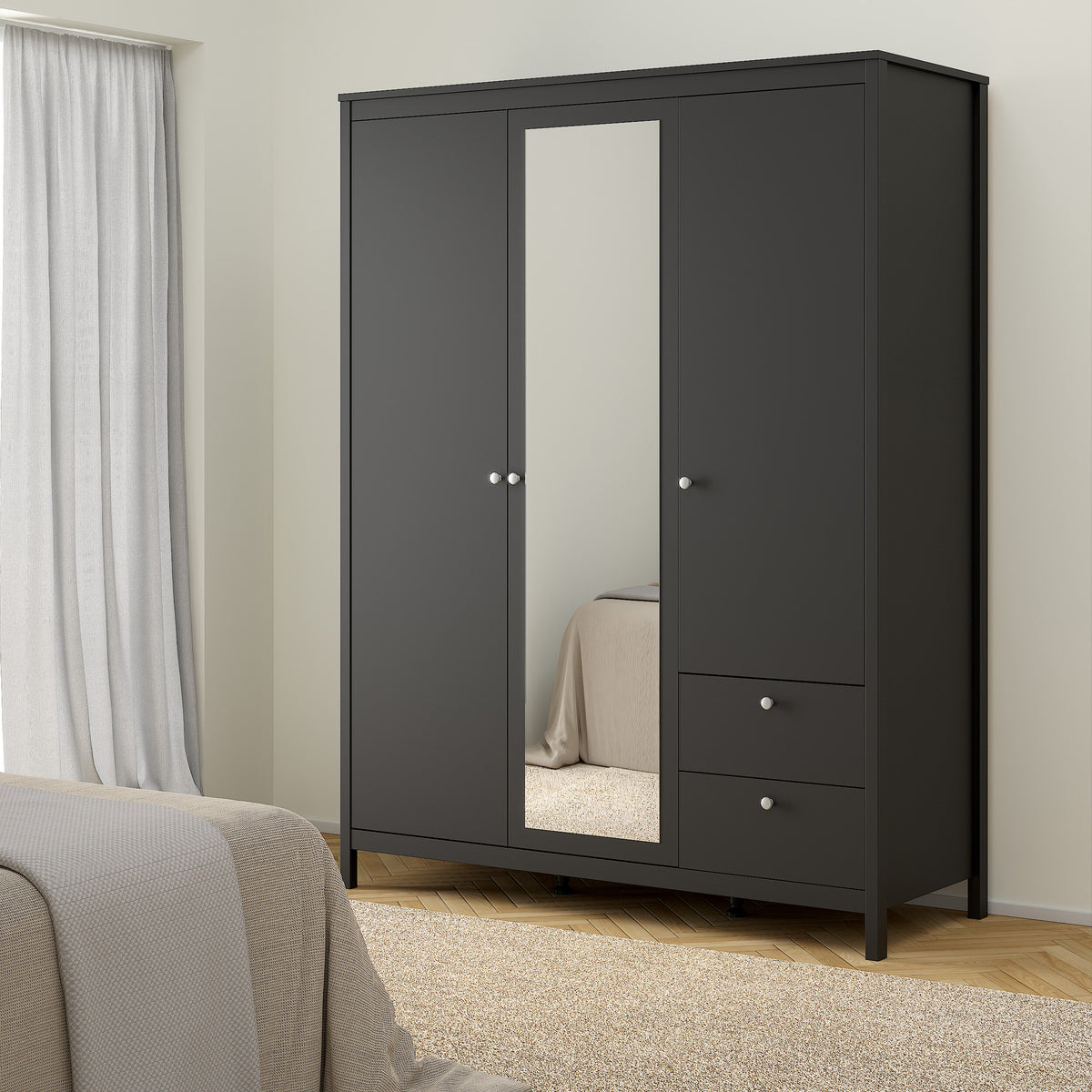 Maria Wardrobe with 2 Doors 1 Mirror Door 2 Drawers Matt Black