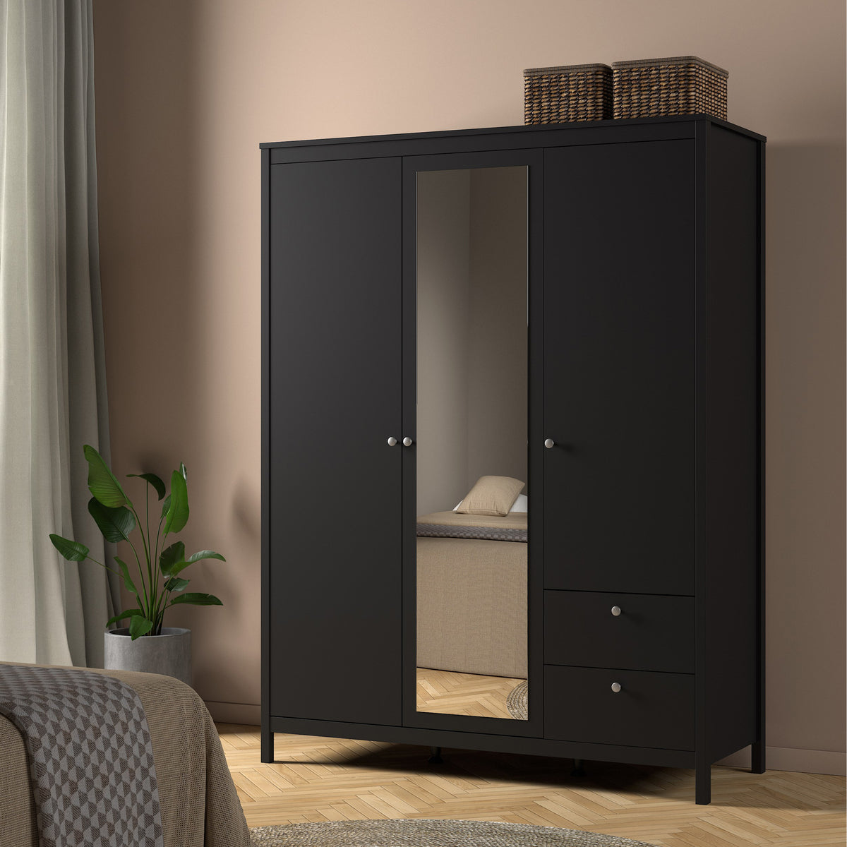 Maria Wardrobe with 2 Doors 1 Mirror Door 2 Drawers Matt Black