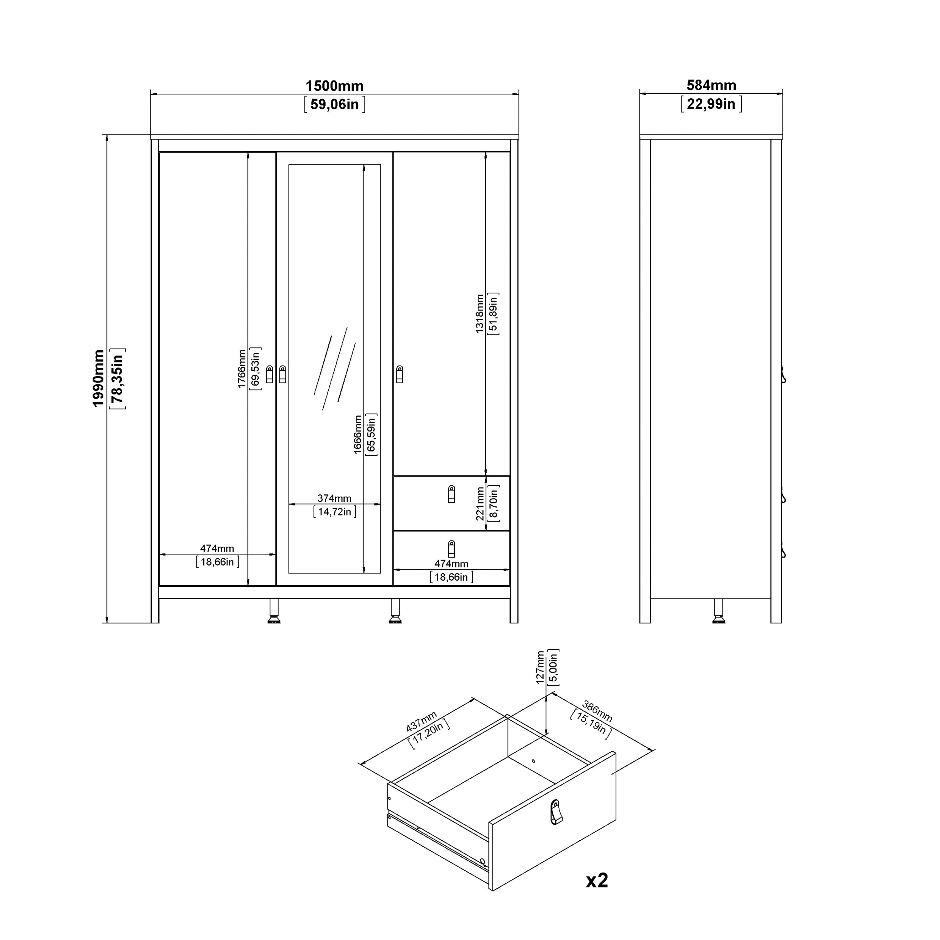 Maria Wardrobe with 2 Doors + 1 Mirror Door + 2 Drawers in Cashmere