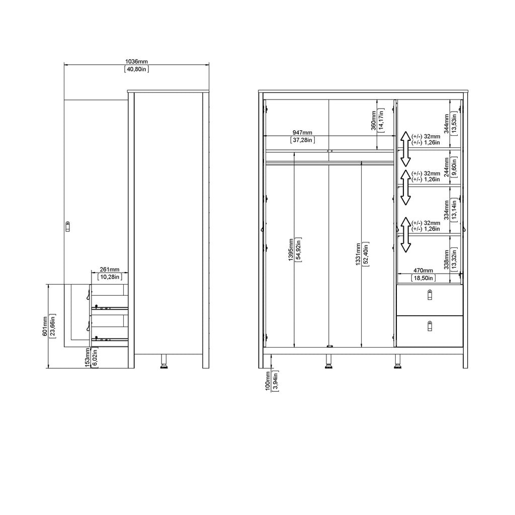 Maria Wardrobe with 2 Doors + 1 Mirror Door + 2 Drawers in Cashmere