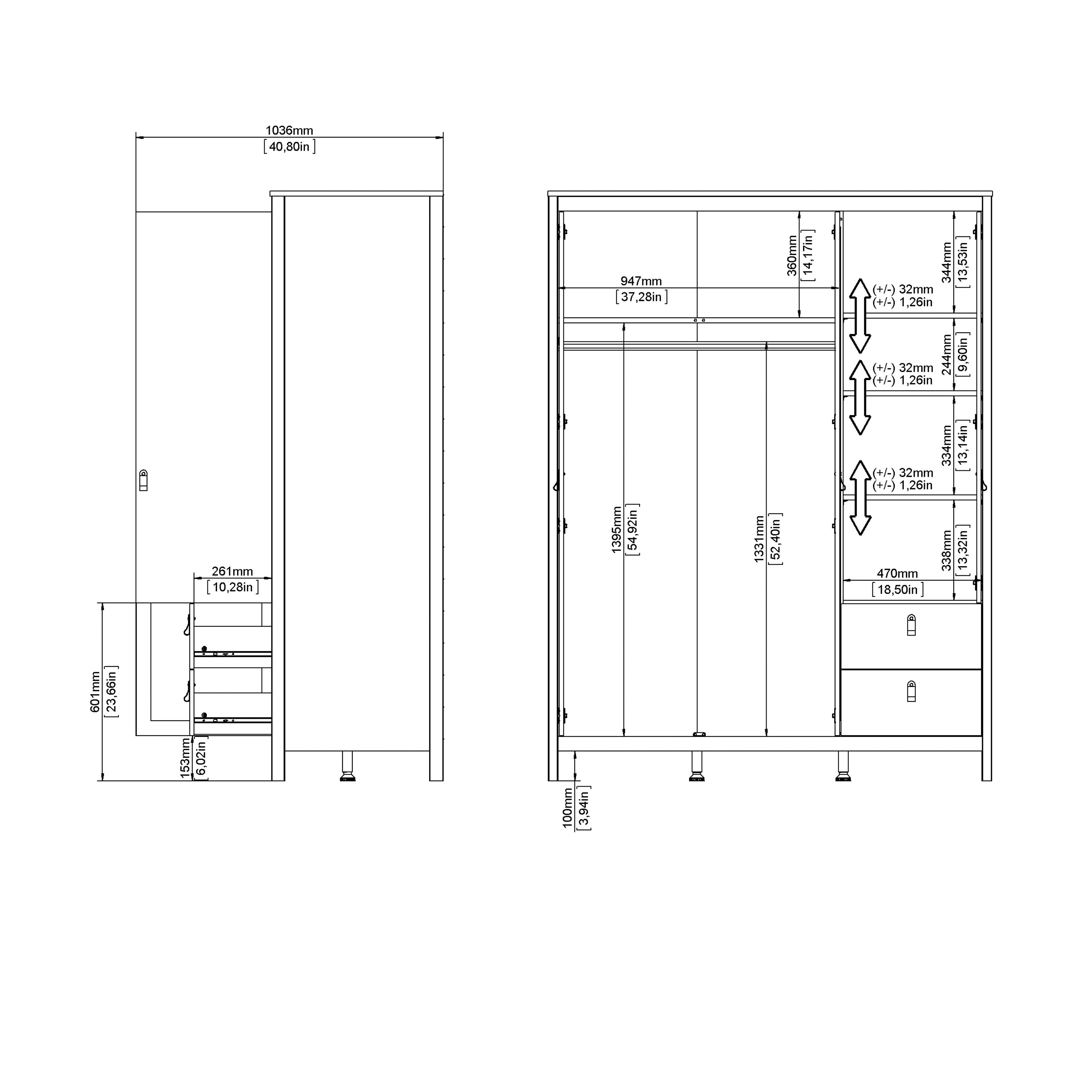 Maria Wardrobe with 2 Doors + 1 Mirror Door + 2 Drawers in Cashmere