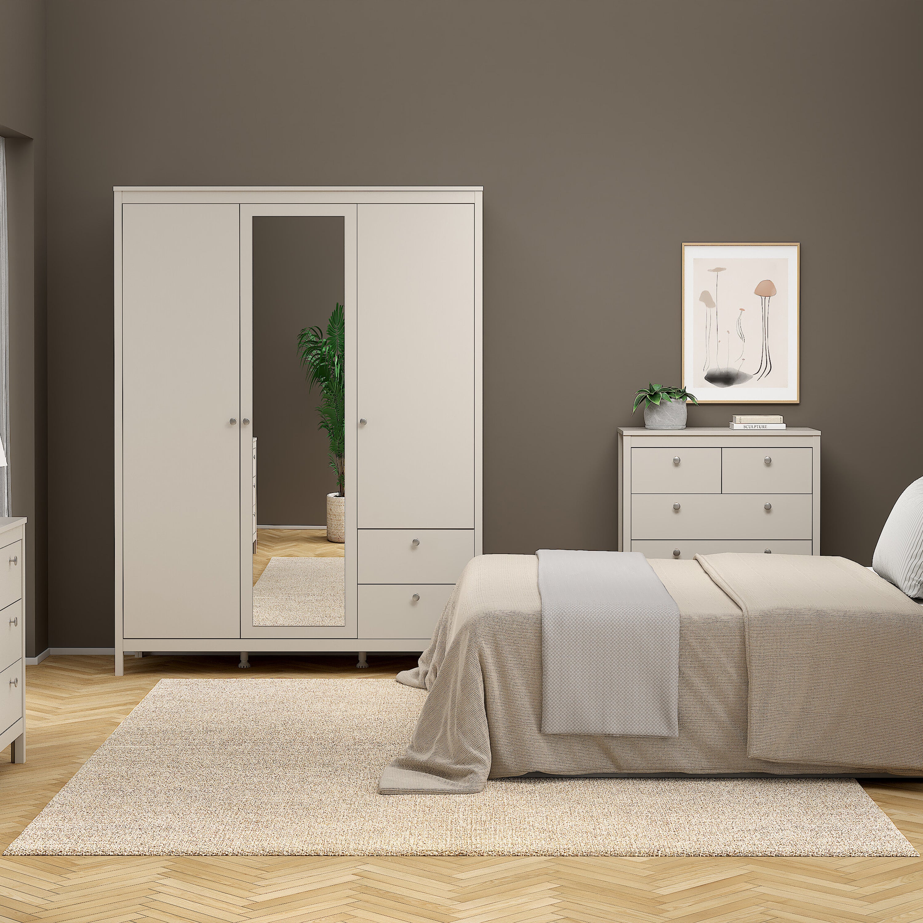 Maria Wardrobe with 2 Doors + 1 Mirror Door + 2 Drawers in Cashmere