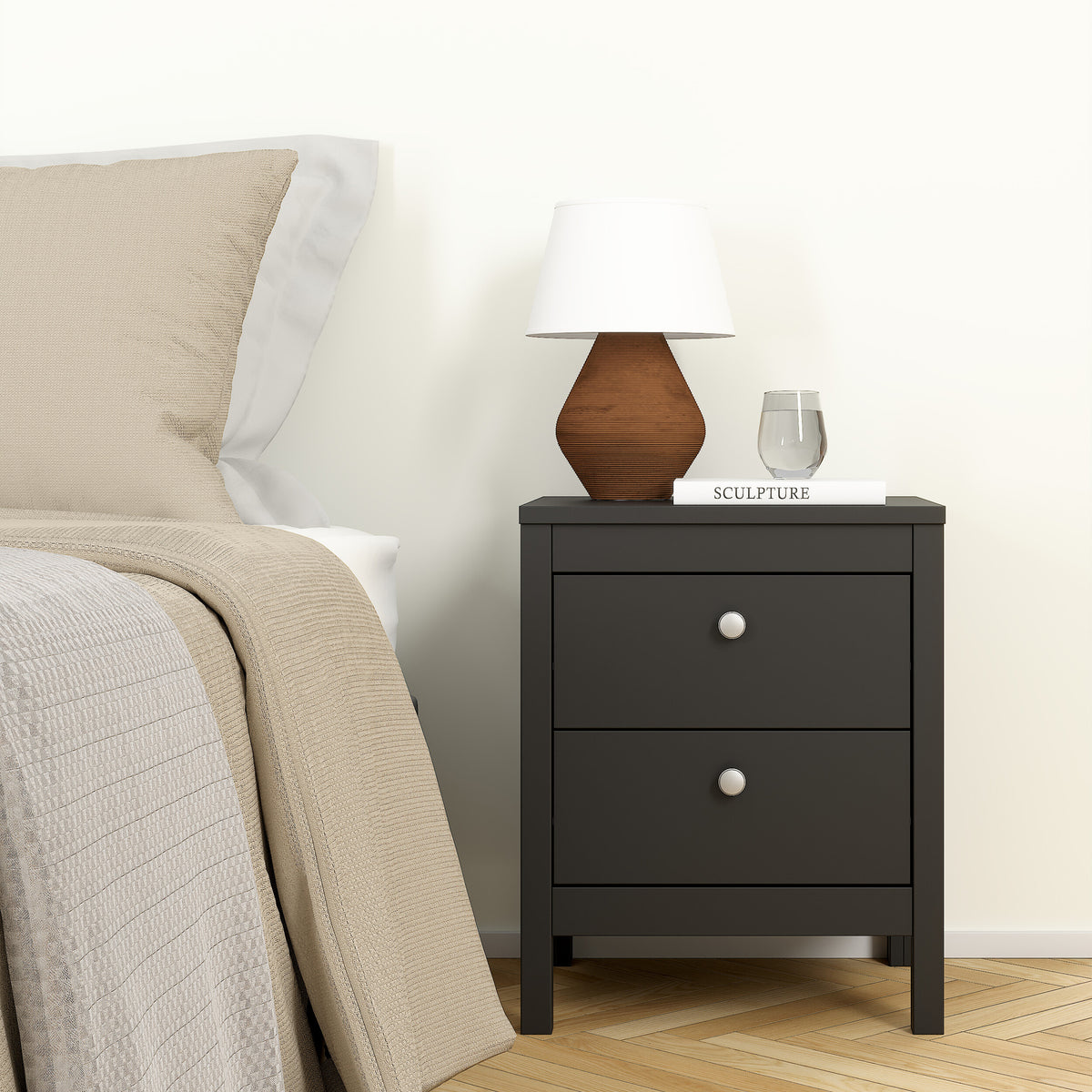 Maria Bedside Table 2 Drawers in Matt Black
