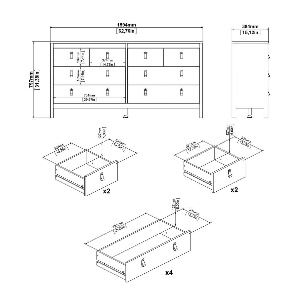 Maria Double Dresser 4+4 Drawers in Matt Black