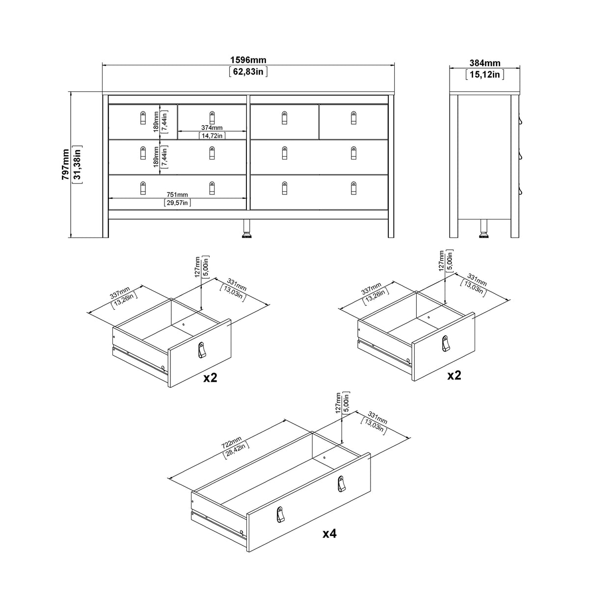 Maria Double Dresser 4+4 Drawers in Cashmere