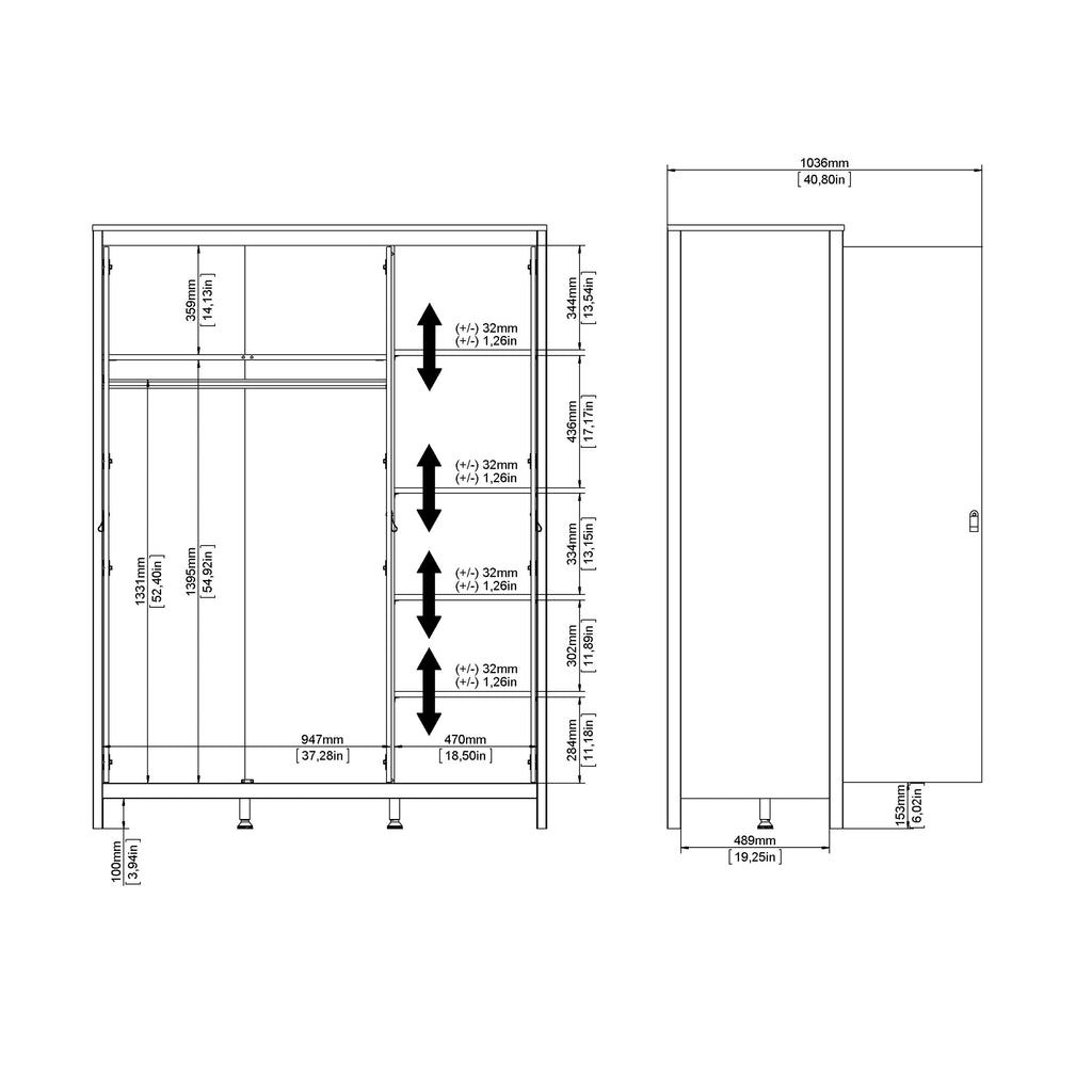 Maria Wardrobe with 3 Doors in White