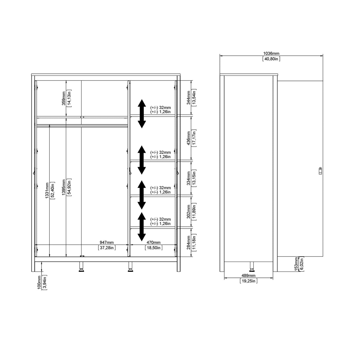 Maria Wardrobe with 3 Doors in Matt Black