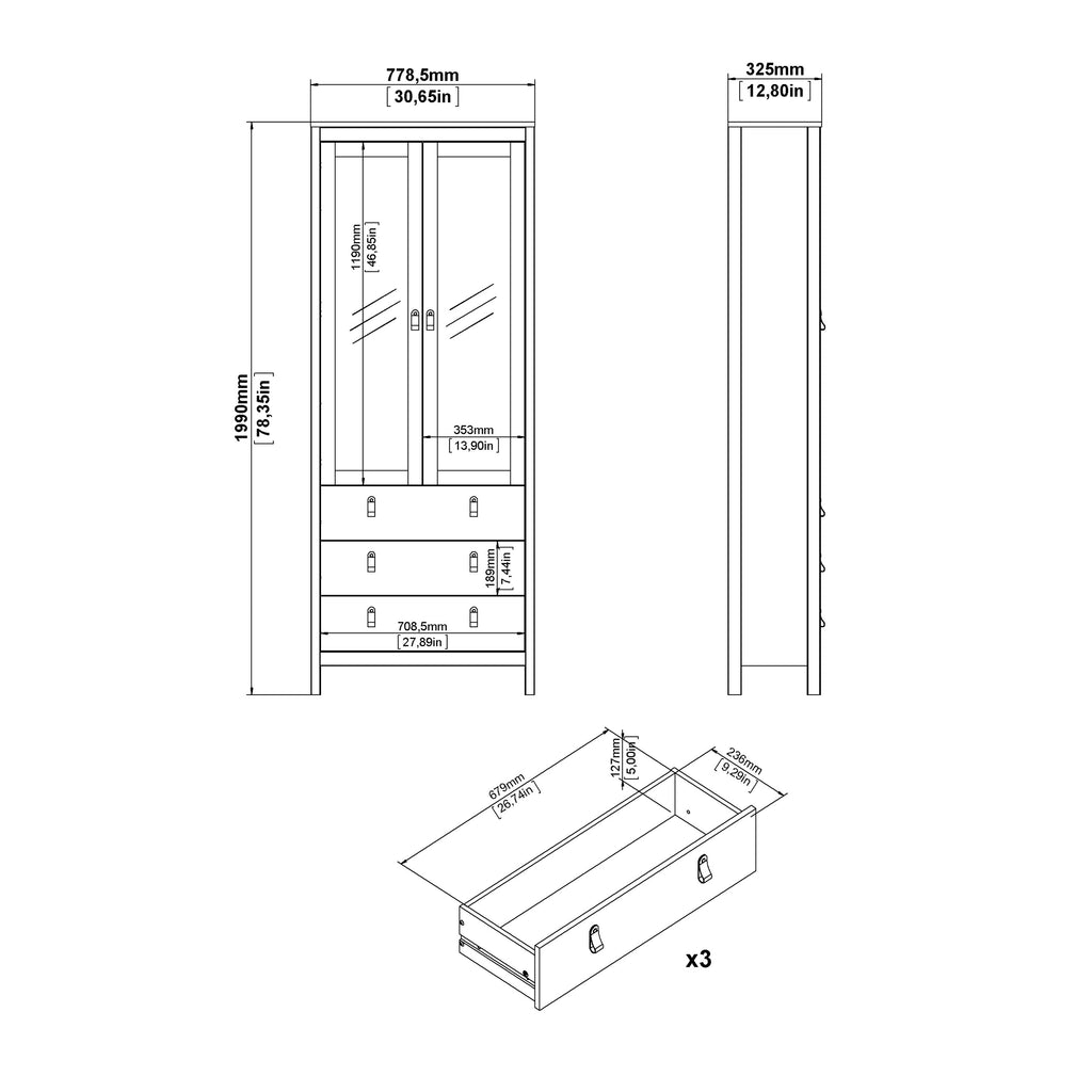 Maria China Cabinet 2 Glass Doors with 3 Drawers in White