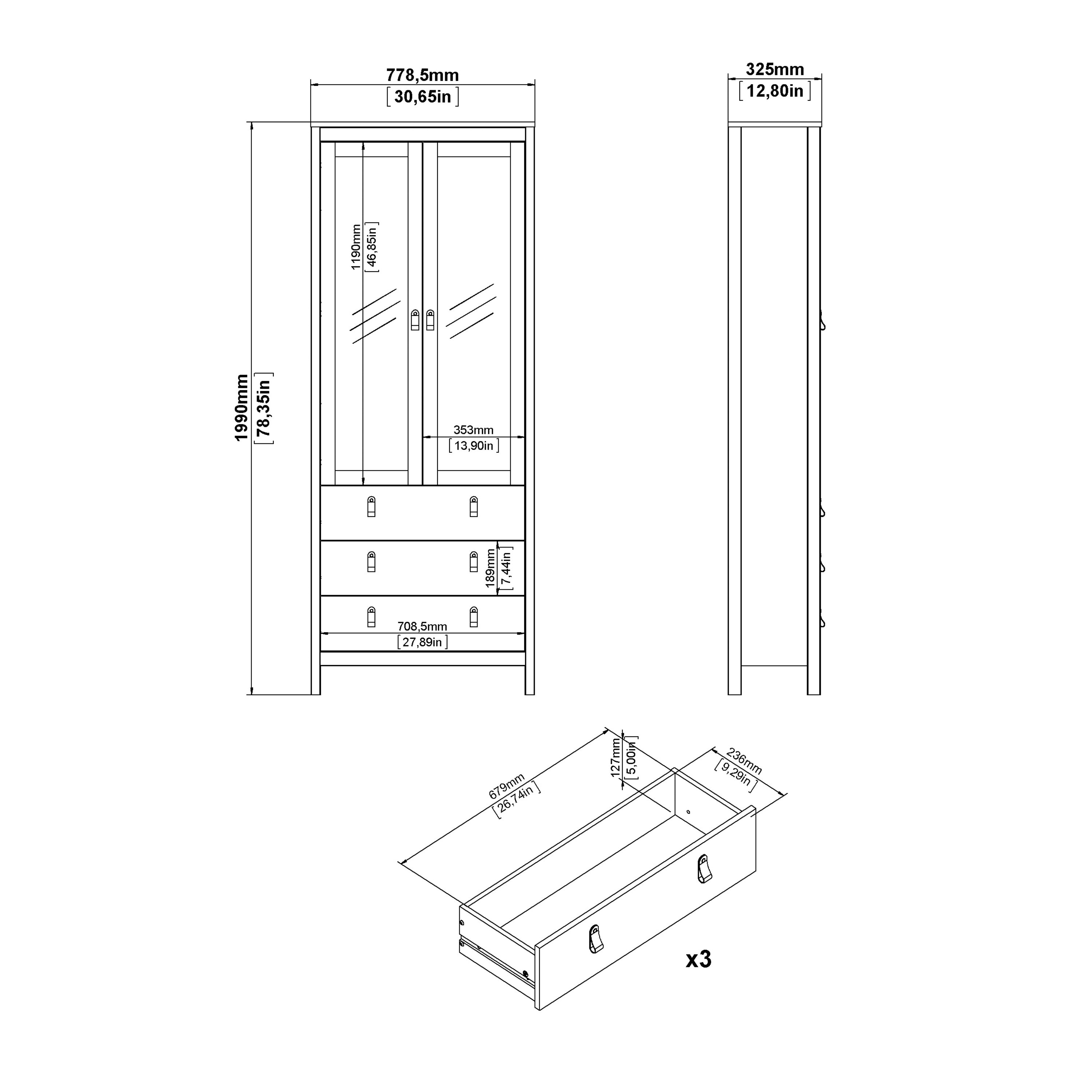 Maria China Cabinet 2 Glass Doors with 3 Drawers in White