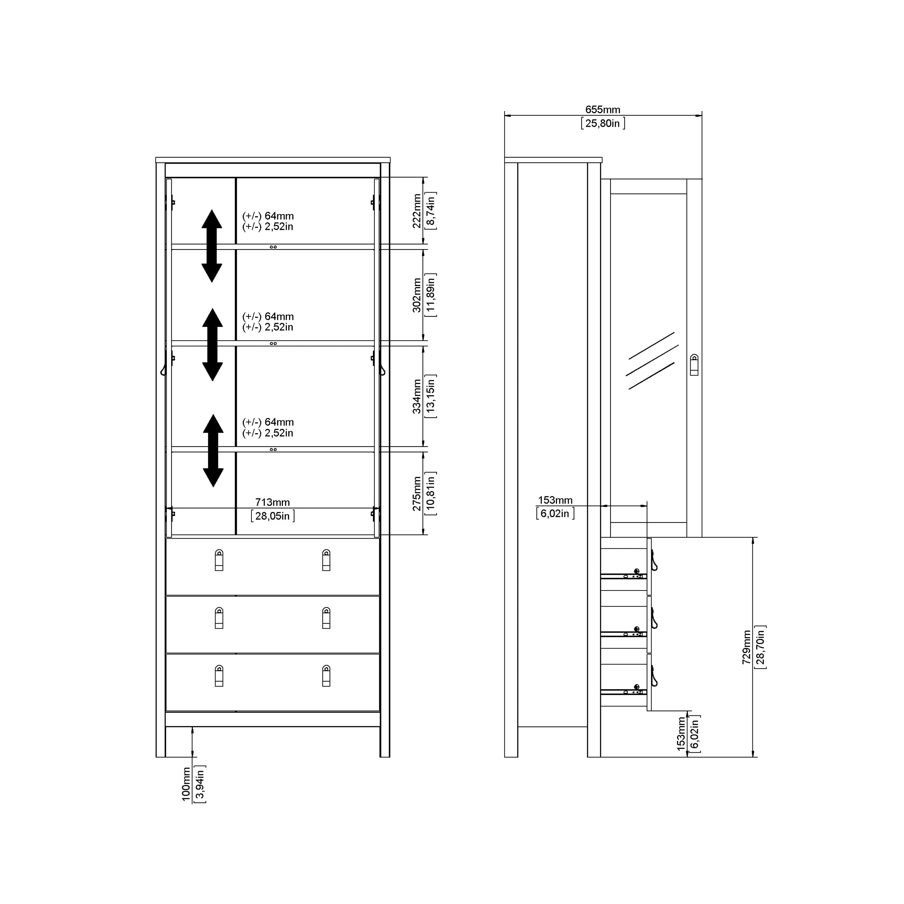 Maria China Cabinet 2 Glass Doors with 3 Drawers in White