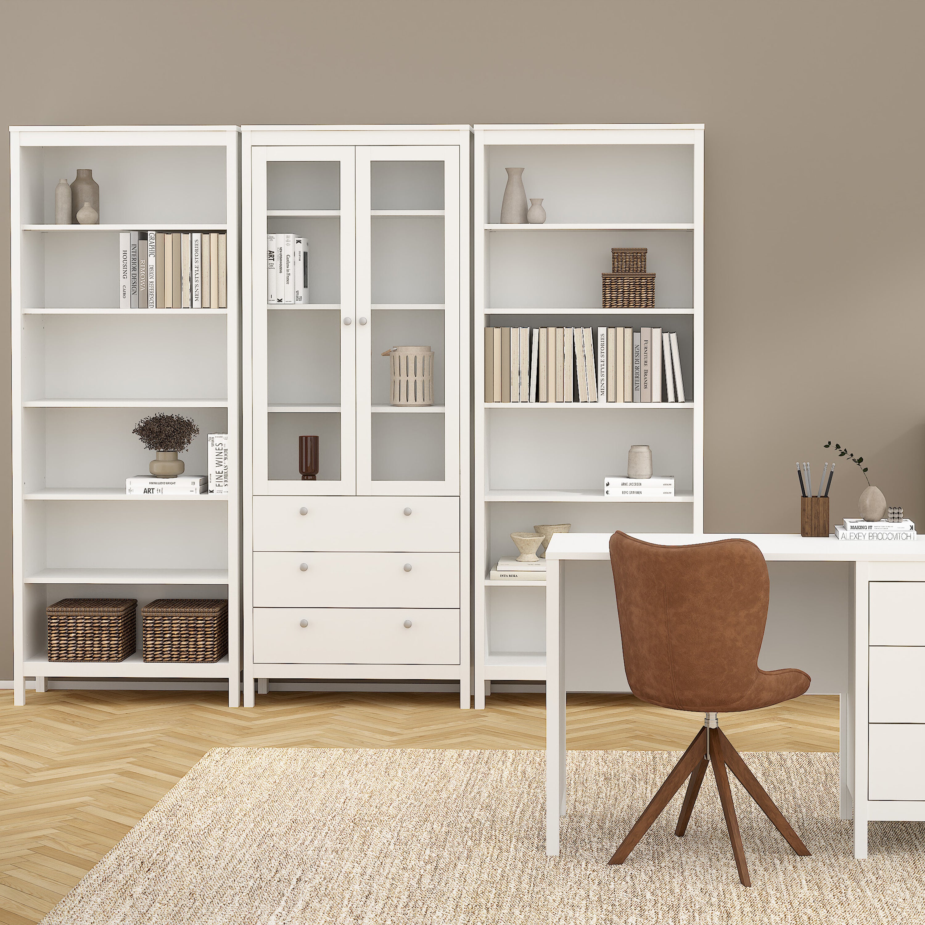 Maria China Cabinet 2 Glass Doors with 3 Drawers in White