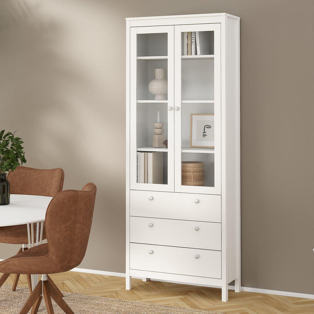 Maria China Cabinet 2 Glass Doors with 3 Drawers in White