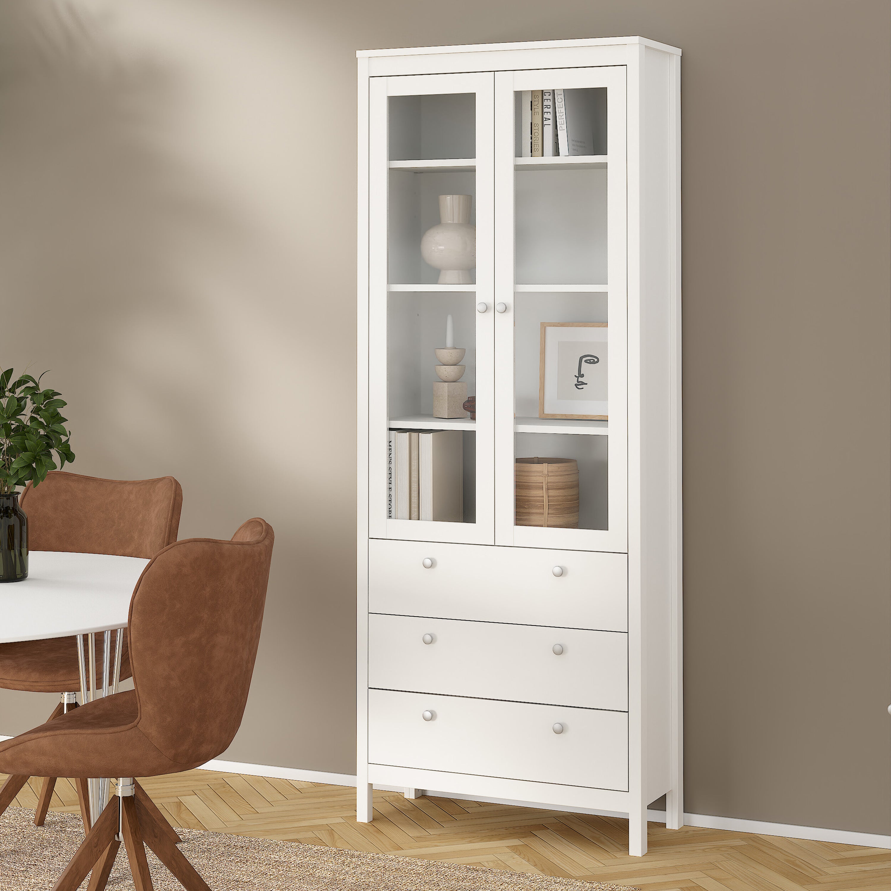Maria China Cabinet 2 Glass Doors with 3 Drawers in White