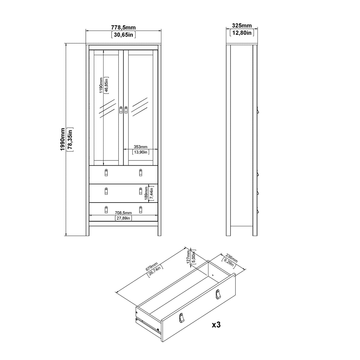 Maria China Cabinet 2 Glass Doors with 3 Drawers in Matt Black