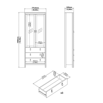 Maria China Cabinet 2 Glass Doors with 3 Drawers in Matt Black