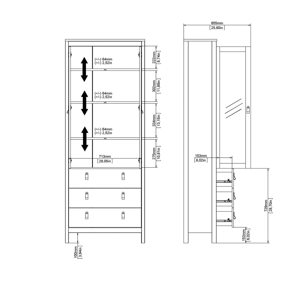 Maria China Cabinet 2 Glass Doors with 3 Drawers in Matt Black