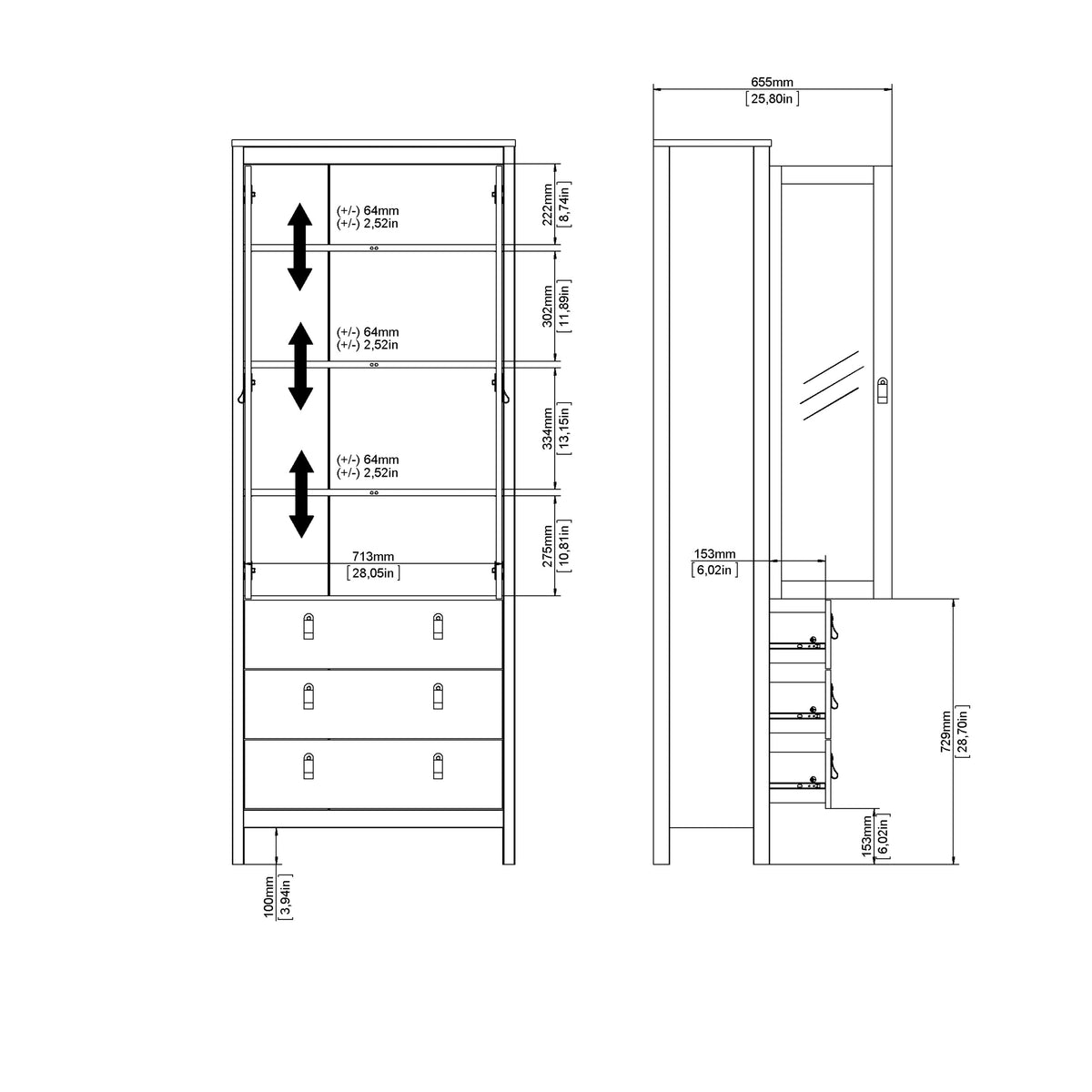 Maria China Cabinet 2 Glass Doors with 3 Drawers in Matt Black
