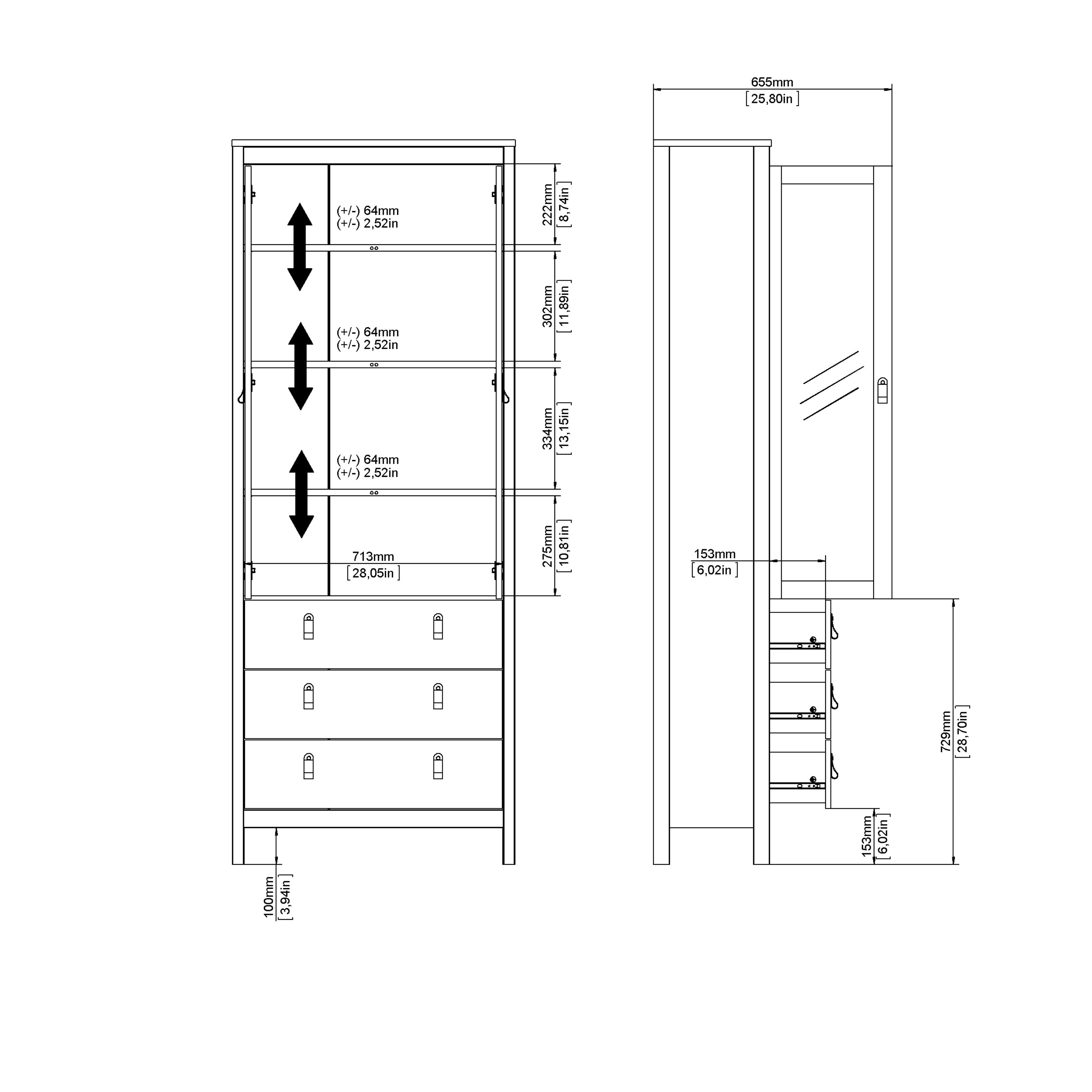 Maria China Cabinet 2 Glass Doors with 3 Drawers in Matt Black