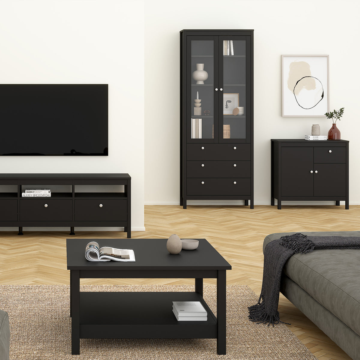 Maria China Cabinet 2 Glass Doors with 3 Drawers in Matt Black