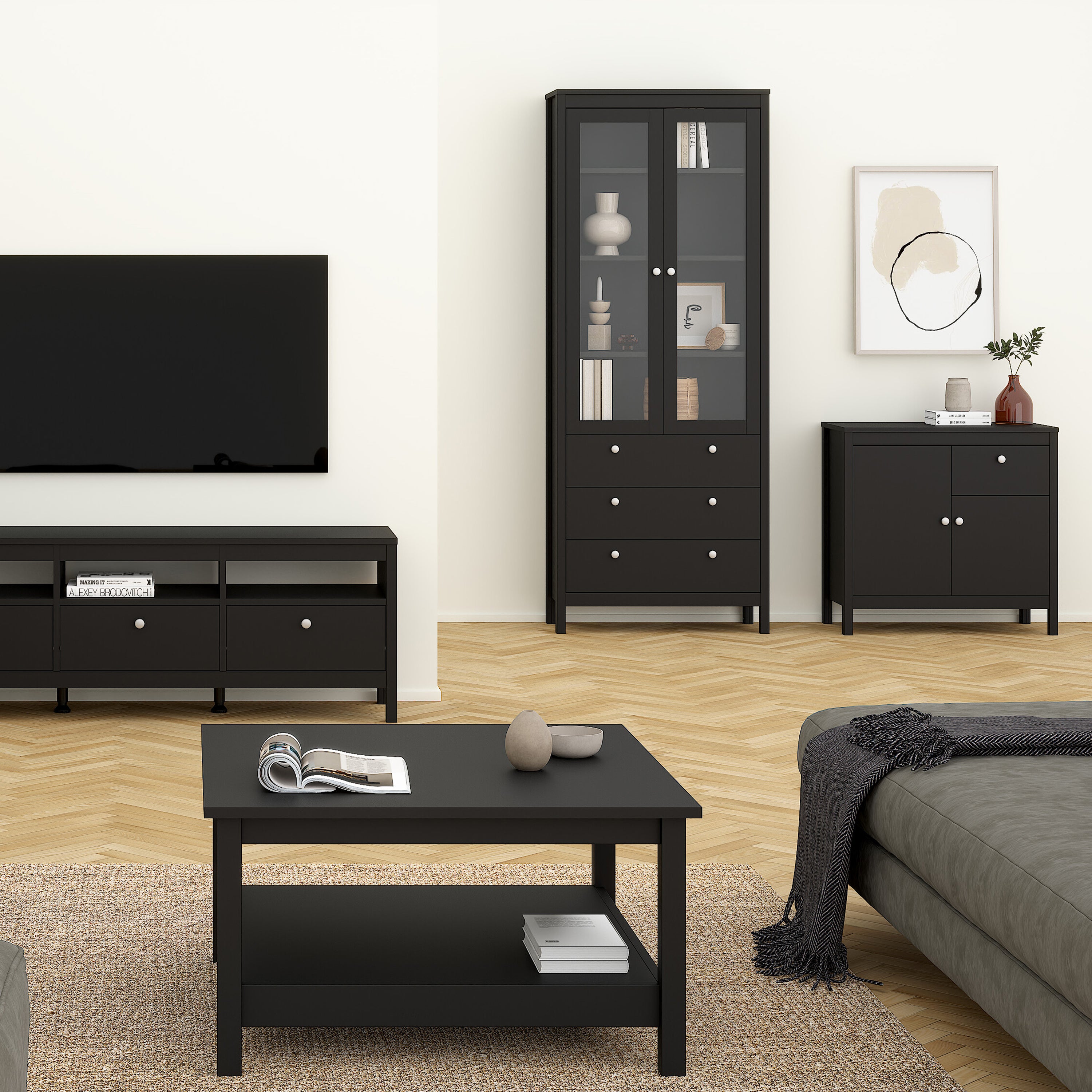 Maria China Cabinet 2 Glass Doors with 3 Drawers in Matt Black