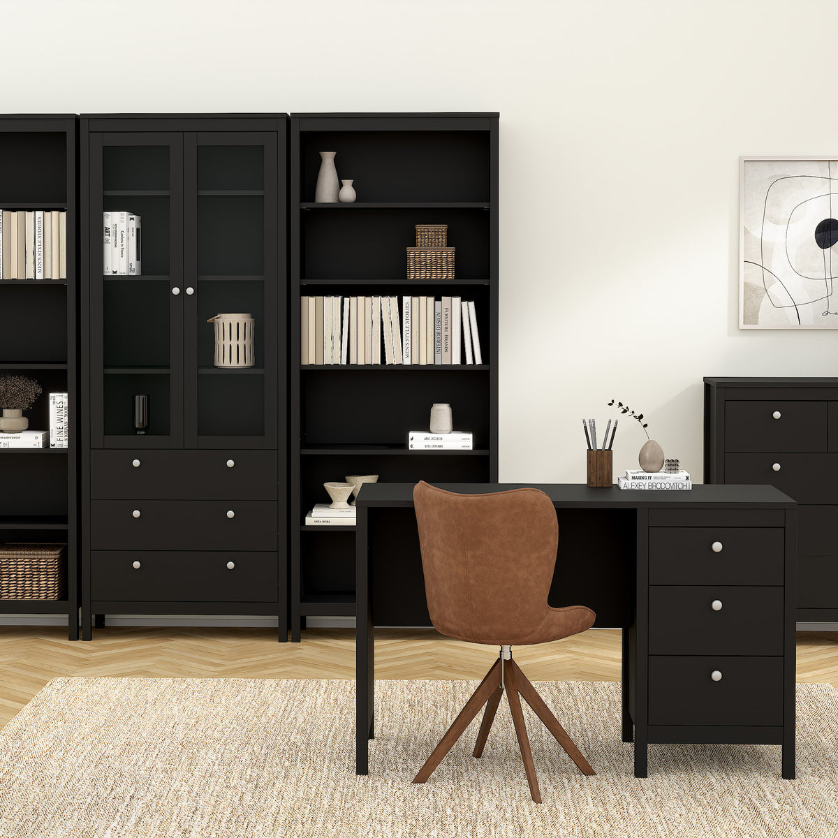 Maria China Cabinet 2 Glass Doors with 3 Drawers in Matt Black