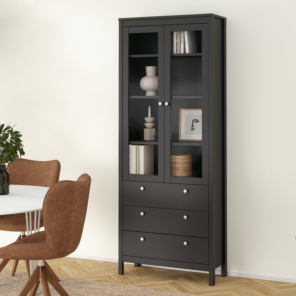 Maria China Cabinet 2 Glass Doors with 3 Drawers in Matt Black