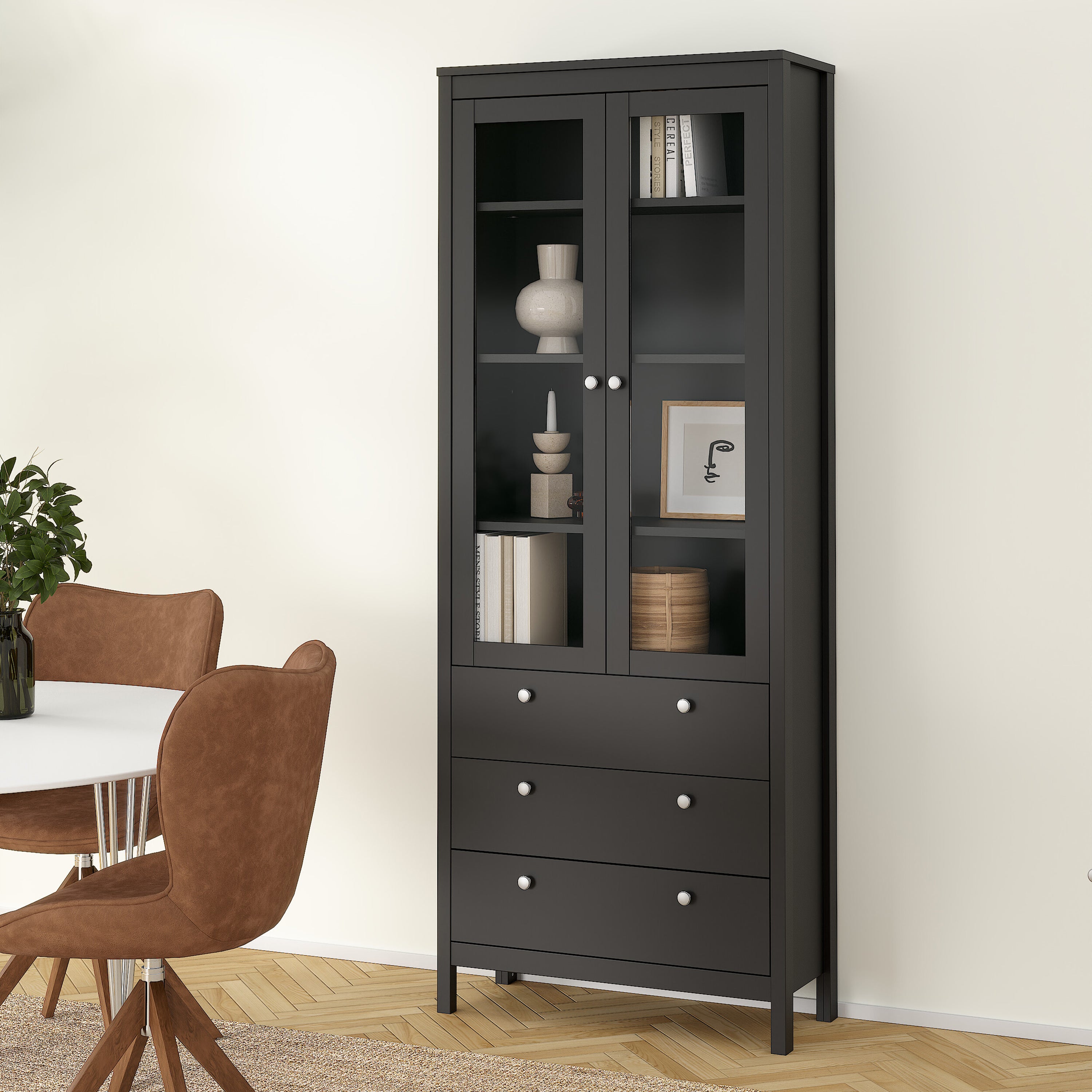 Maria China Cabinet 2 Glass Doors with 3 Drawers in Matt Black