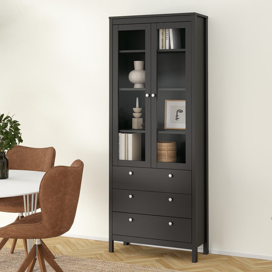 Maria China Cabinet 2 Glass Doors with 3 Drawers in Matt Black