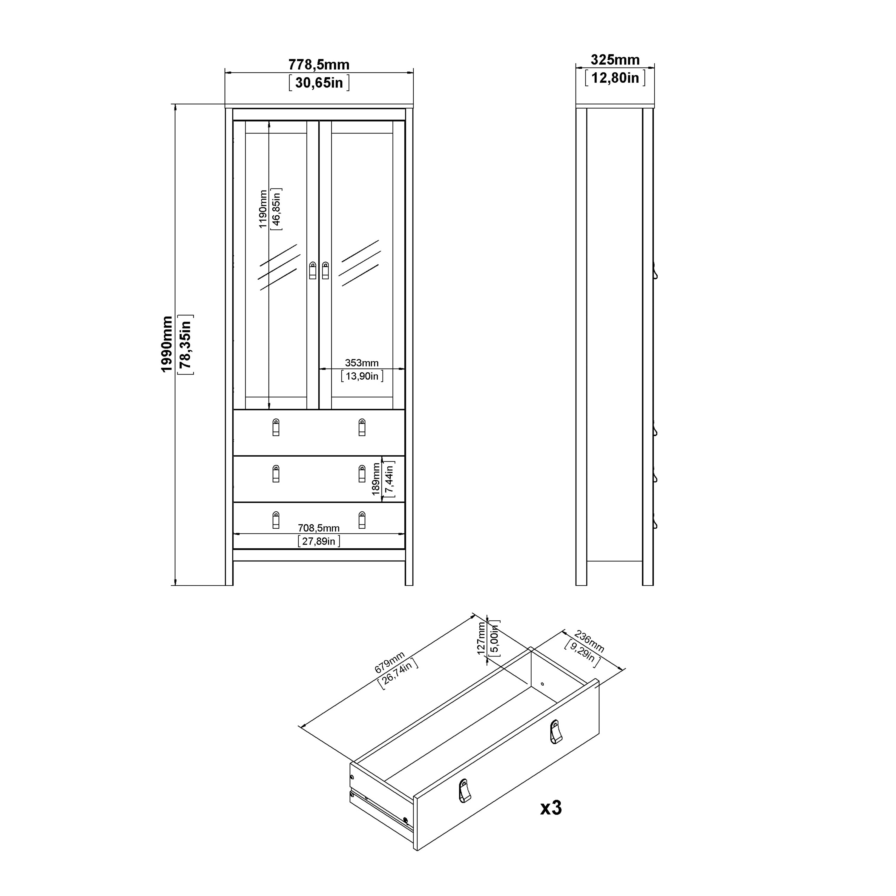 Maria China Cabinet 2 Doors with Glass + 3 Drawers in Jackson Hickory Oak