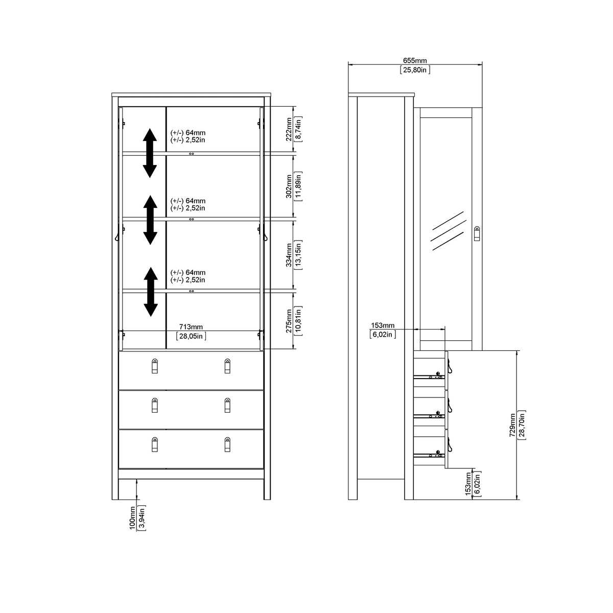 Maria China Cabinet 2 Doors with Glass + 3 Drawers in Jackson Hickory Oak