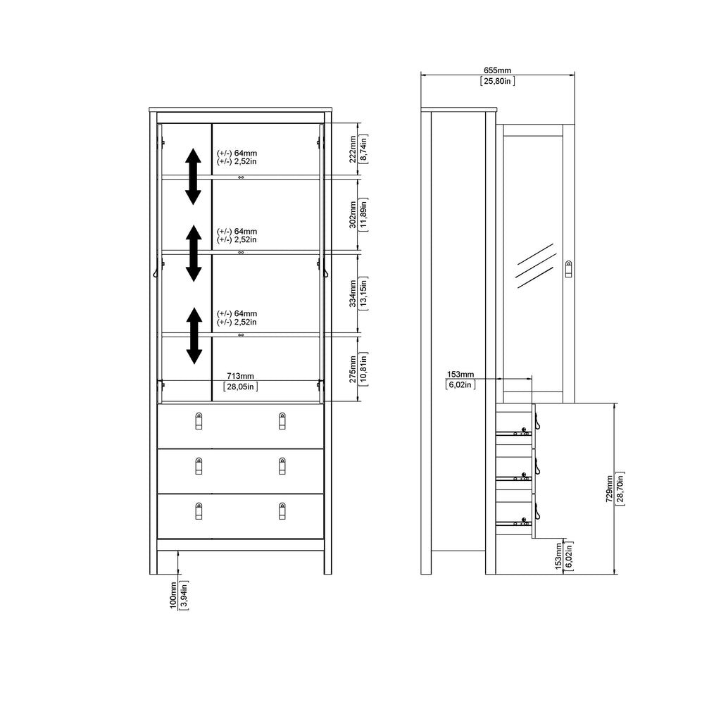 Maria China Cabinet 2 Glass Doors with 3 Drawers in Cashmere