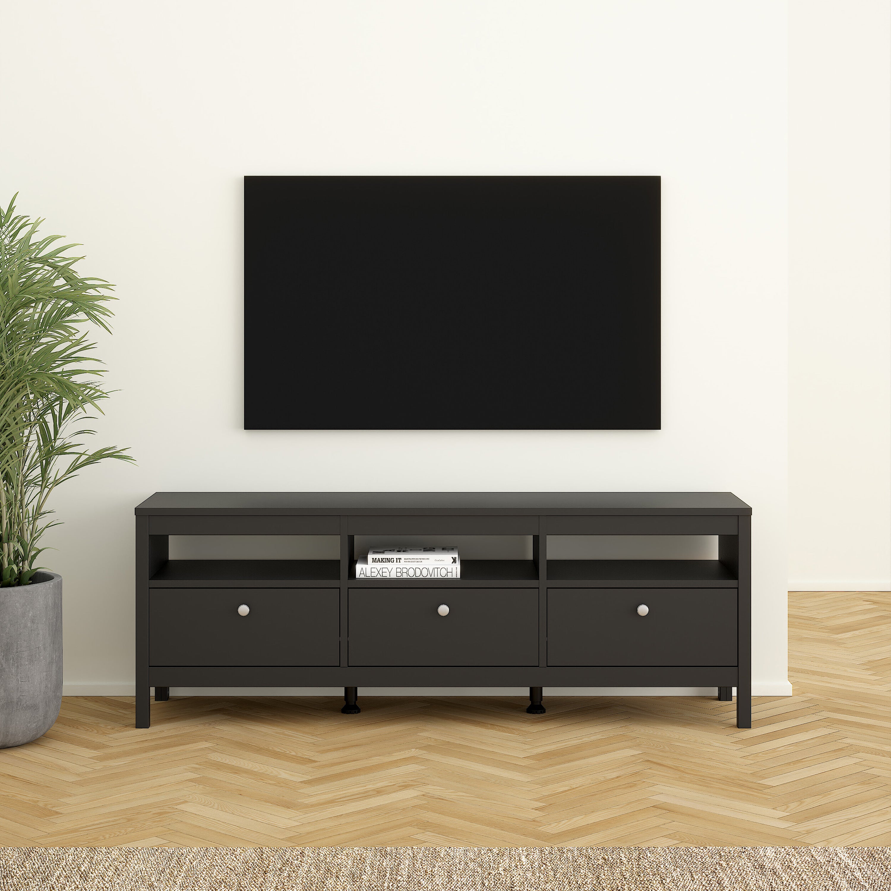 Maria TV Unit 3 Drawers in Matt Black