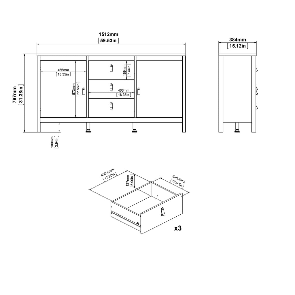 Maria Sideboard 2 Doors 3 Drawers in White
