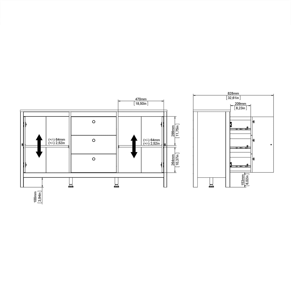 Maria Sideboard 2 Doors 3 Drawers in Matt Black
