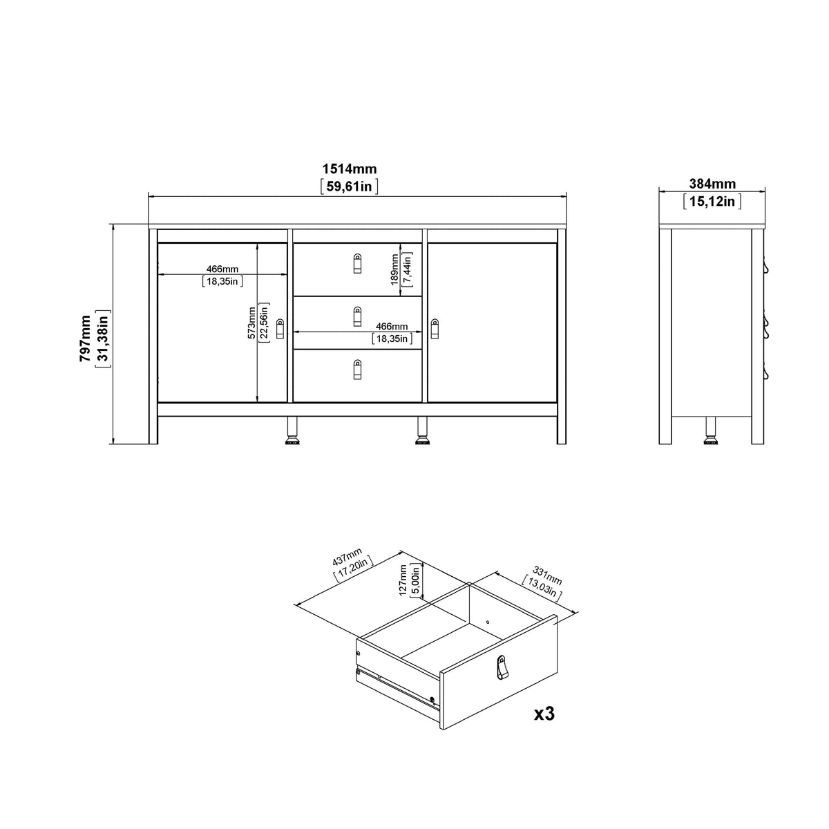 Maria 2 Door/ 3 Drawer Sideboard in Cashmere