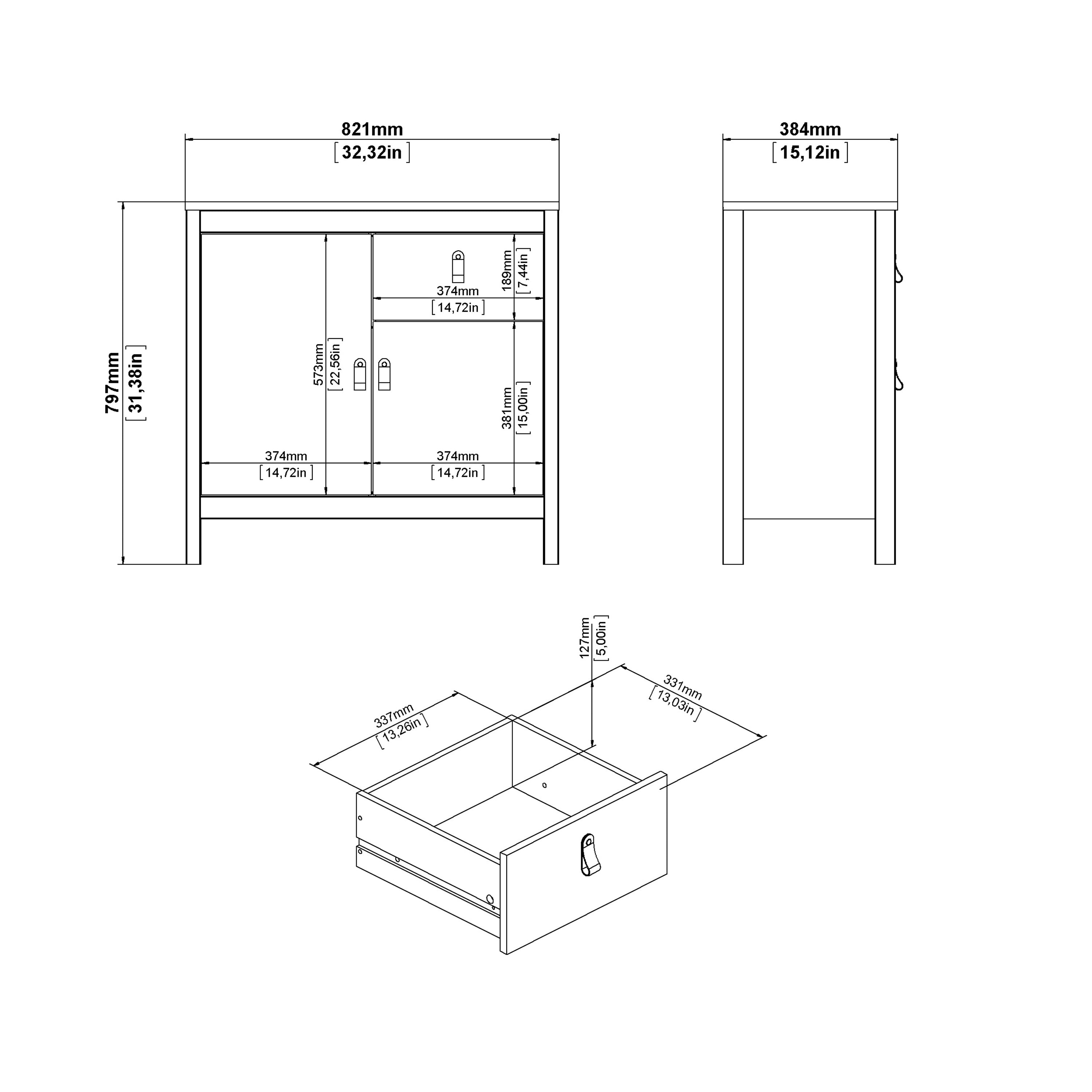 Maria 2 Door/ 1 Drawer Sideboard in White